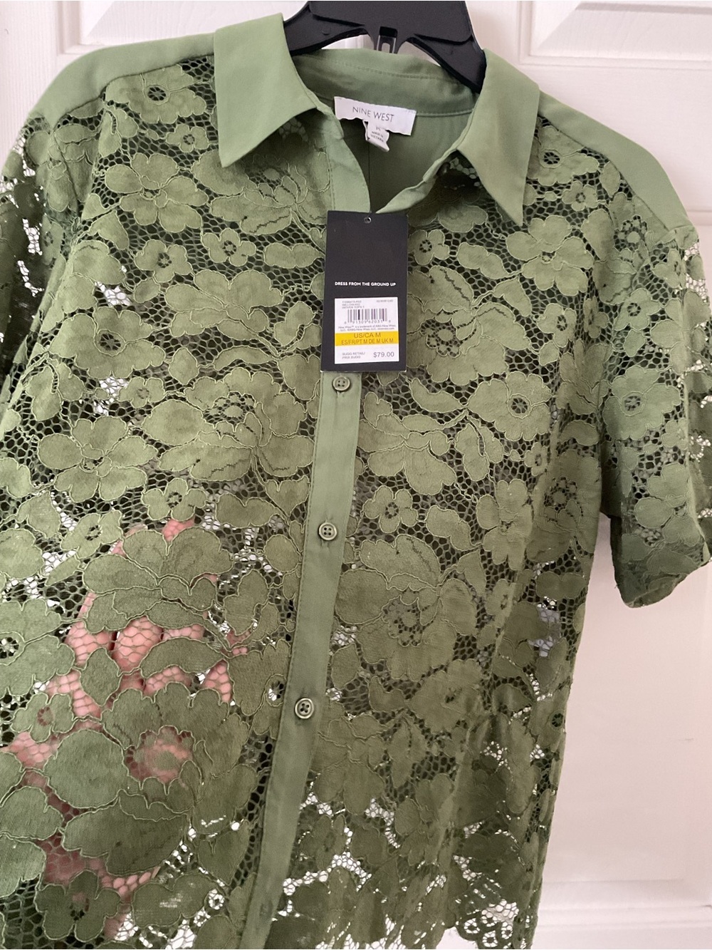 Nine West Olive Lace Short-Sleeve Button-Down Shirt - Picture 6 of 7